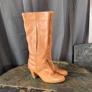Frye Tall Leather Boots Tan Block Heel Coastal Cowgirl Western Sz 9